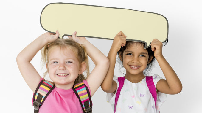 Little Children Holding Chat Box Cheerful Adorable
